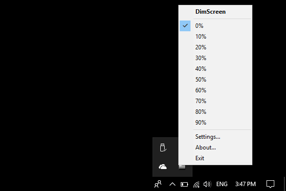 DimScreen Windows Desktop System Tray Control Menu